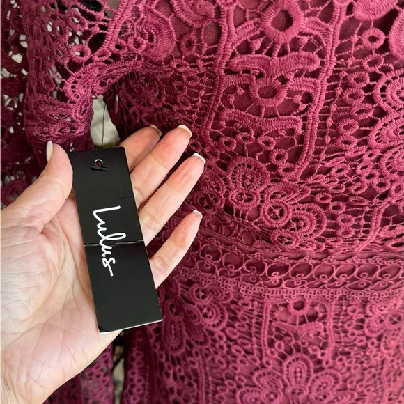 LULU’S Dreamy Date Burgundy Crochet Lace One-Shoulder Mini Dress - Picture 6 of 11